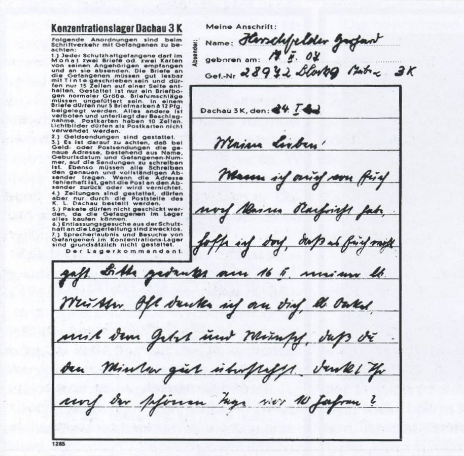 12. Ostatni list Ks. G. Hirschfeldera wysłany z KL Dachau (24 I 1942 r.).